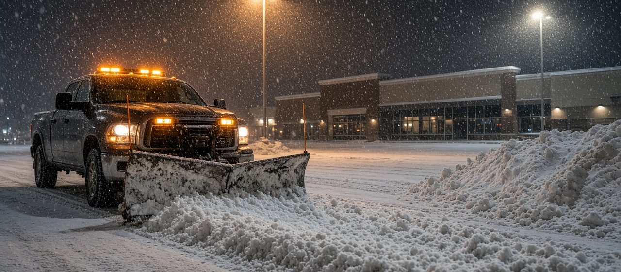 A dark pickup with amber lights and a front plow blade pushing snow across a parking lot at night, with tall pole lights, a storefront building and a snow pile behind it, in Truckee, California