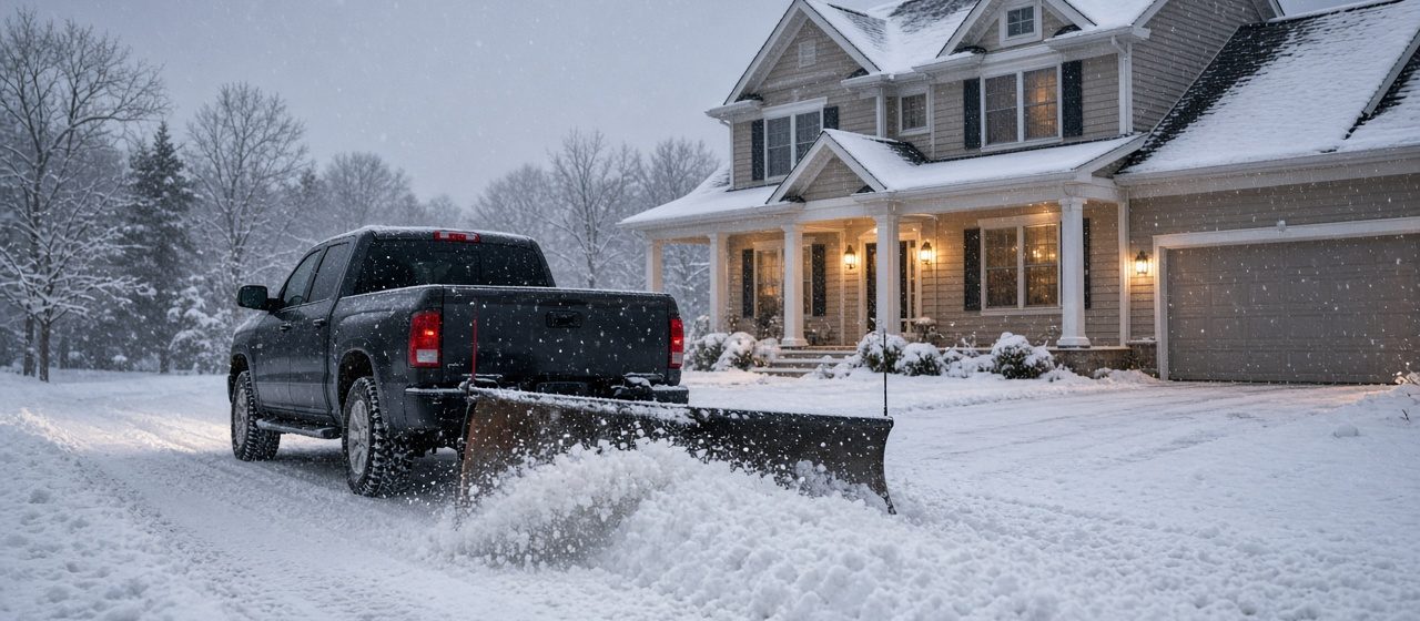 A dark pickup with a plow blade at its rear pushing snow down a driveway in front of a two-story house with lit windows and snow on the roof, in Truckee, California