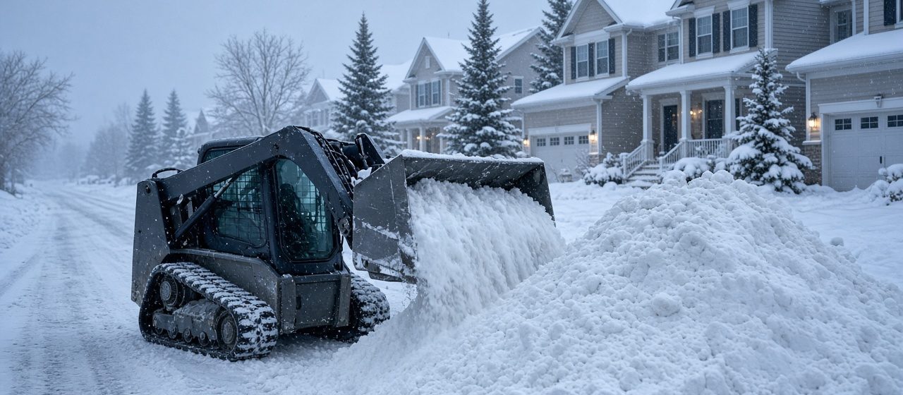 A tracked skid steer pushing snow into a tall pile beside a residential street lined with two-story houses and evergreen trees in falling snow, in Truckee, California