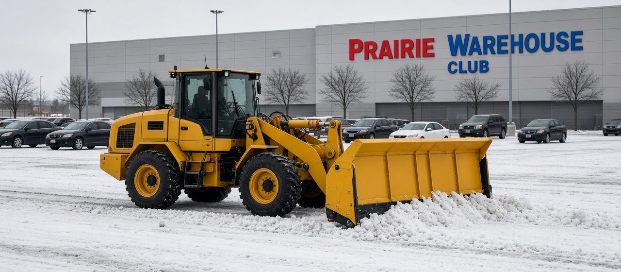 A yellow wheel loader with a yellow snow pusher clearing a big store parking lot, with parked cars and bare trees behind it, in Truckee, California