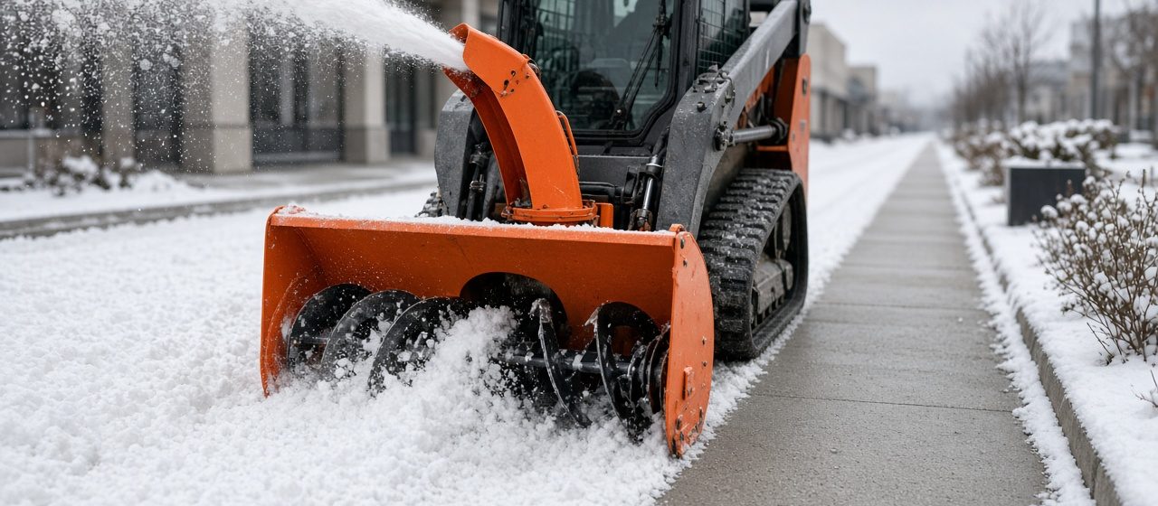 An orange snow blower attachment on a tracked loader throwing snow beside a long cleared sidewalk, in Truckee, California