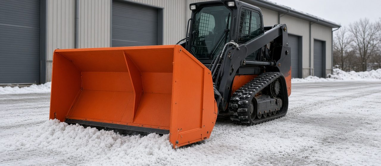 An orange snow pusher with tall side panels on a black tracked loader in front of a metal warehouse, in Truckee, California