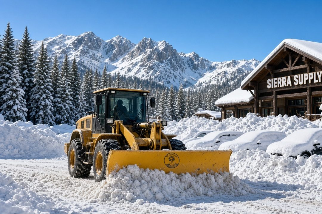 A yellow wheel loader with a DC Approved plow pushing snow in front of a timber-frame store, with tall snow piles, snow-buried cars, snowy evergreen trees, jagged snow-capped mountains and a clear blue sky, in Truckee, California