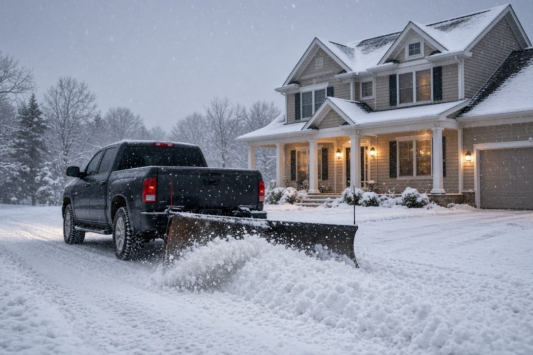 A dark pickup with a plow blade at its rear pushing snow down a driveway in front of a two-story house with lit windows and snow on the roof, in Truckee, California