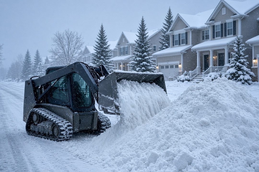 A tracked skid steer pushing snow into a tall pile beside a residential street lined with two-story houses and evergreen trees in falling snow, in Truckee, California