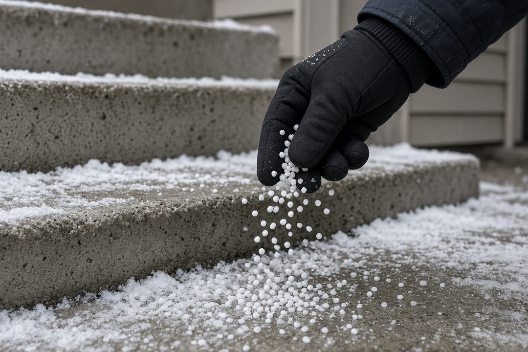 A gloved hand scattering white ice melt pellets onto snowy concrete steps, in Truckee, California
