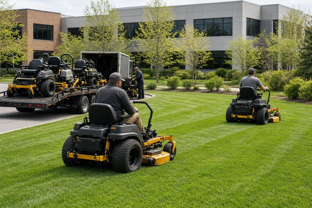 Landscape workers on yellow and black zero-turn mowers cutting a green lawn at an office park, with a trailer of mowers behind them, in Truckee, California