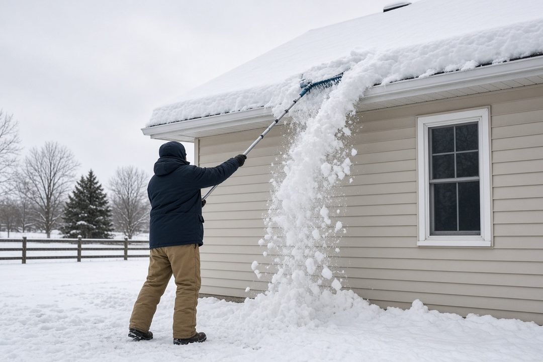 A person standing on the ground pulling snow off the roof edge of a house with a long roof rake, in Truckee, California