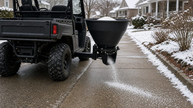A black cone-shaped spreader on the back of a utility vehicle spreading salt on a sidewalk, in Truckee, California