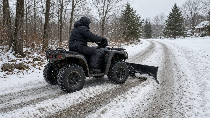 A rider on an ATV with a front plow blade clearing a snowy gravel lane through the woods, in Truckee, California