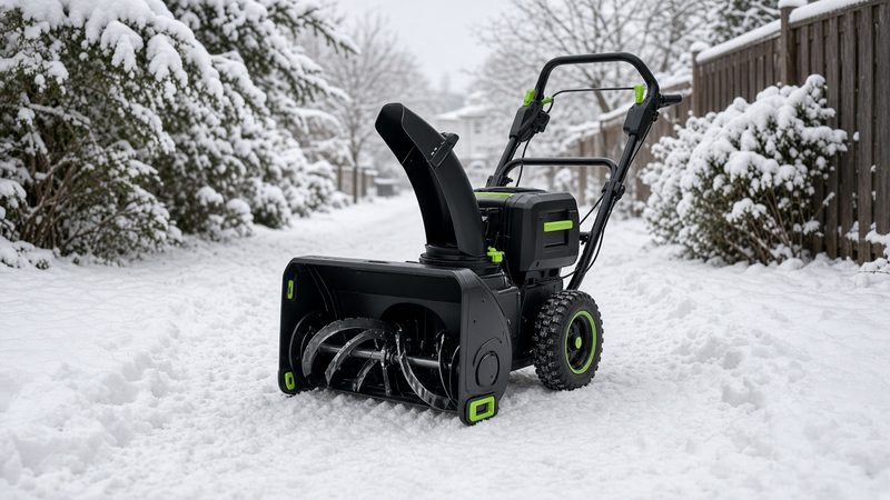 A black battery-powered two-stage snow blower with green trim on a snowy path between snow-covered shrubs and a fence, in Truckee, California