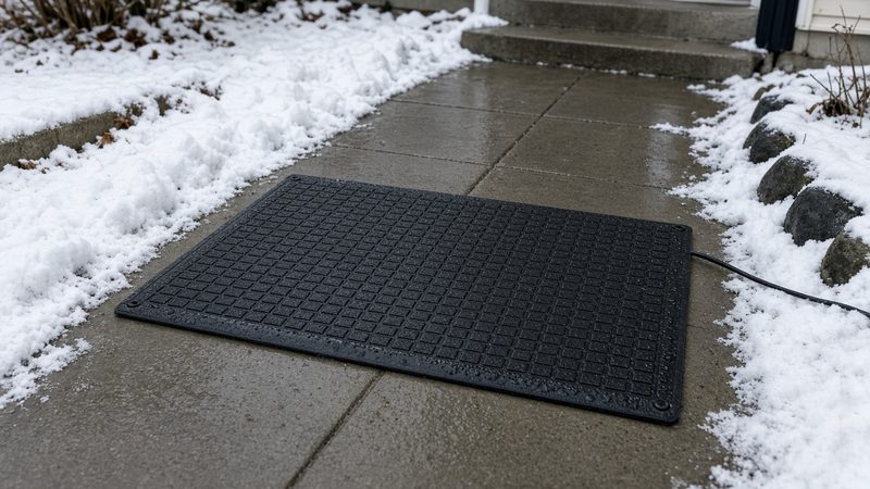 A black rubber mat on a wet, clear concrete walkway with snow on both sides and a cord running off the side, in Truckee, California