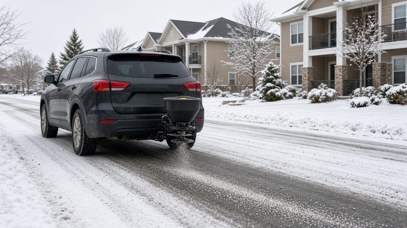 A dark SUV with a small black salt spreader on its rear hitch spreading salt on a snowy street by apartment buildings, in Truckee, California