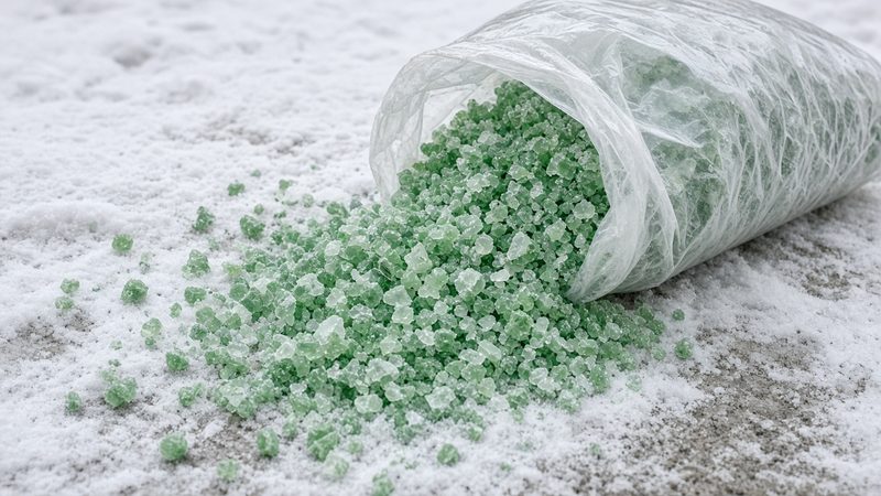 A clear bag of green ice melt crystals spilling onto snowy ground, in Truckee, California