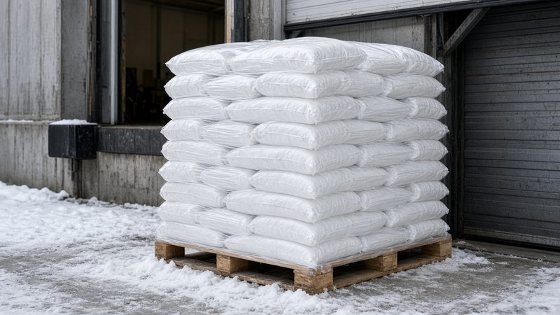 A wooden pallet stacked with plain white bags beside a loading dock door, in Truckee, California