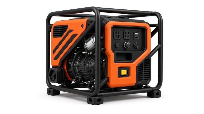 An orange and black open-frame inverter generator in a black tube frame, in Truckee, California