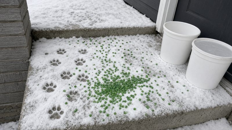 Green ice melt pellets and paw prints on a snowy front step, with two plain white tubs by the door, in Truckee, California