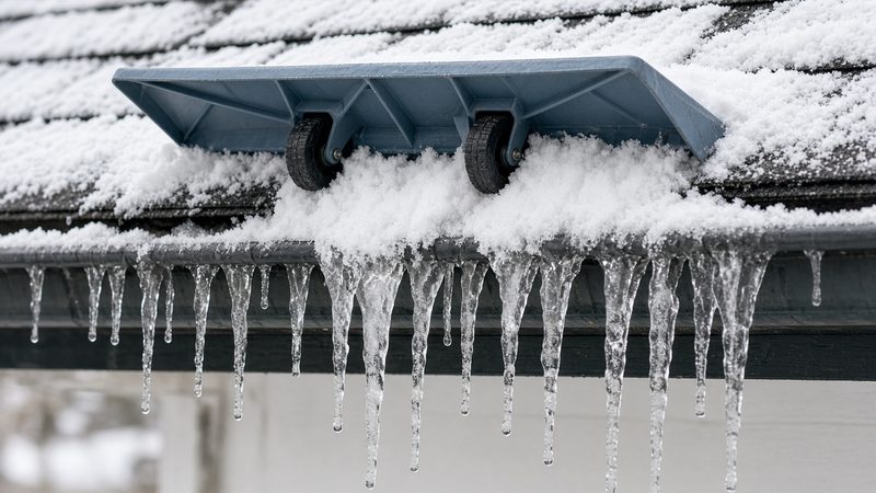 A blue-gray roof rake head with two wheels on a snowy roof edge above a row of icicles, in Truckee, California