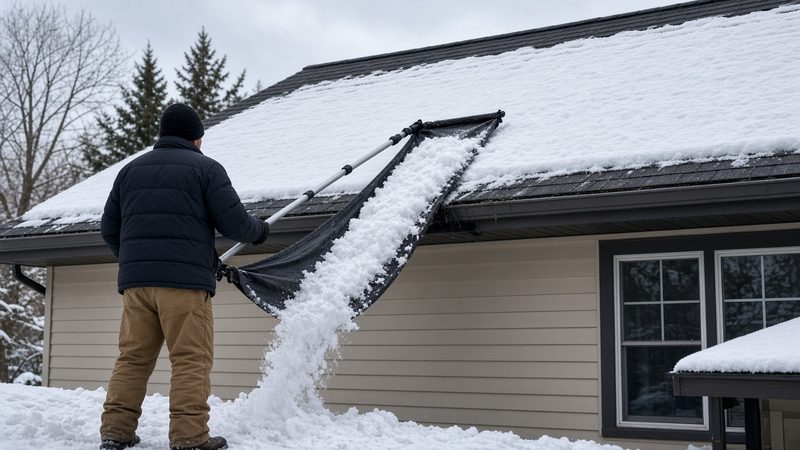 A person on the ground pulling a sheet of snow off a house roof with a long roof rake and fabric slide, in Truckee, California