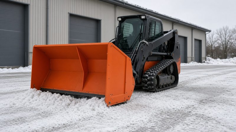 An orange snow pusher with tall side panels on a black tracked loader in front of a metal warehouse, in Truckee, California