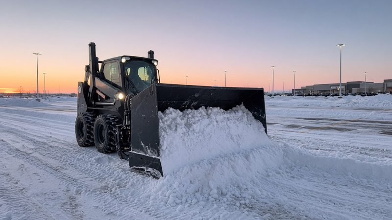 A black snow pusher box on a wheeled skid steer pushing snow across a big parking lot at dawn, in Truckee, California