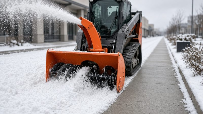 An orange snow blower attachment on a tracked loader throwing snow beside a long cleared sidewalk, in Truckee, California