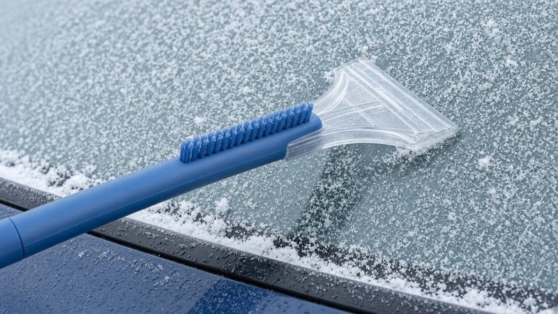 A blue snow brush with a clear ice-scraper blade resting on a frosted car windshield, in Truckee, California