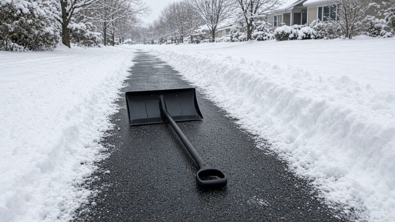 A black snow pusher lying on a freshly cleared strip of driveway between snowbanks, in Truckee, California