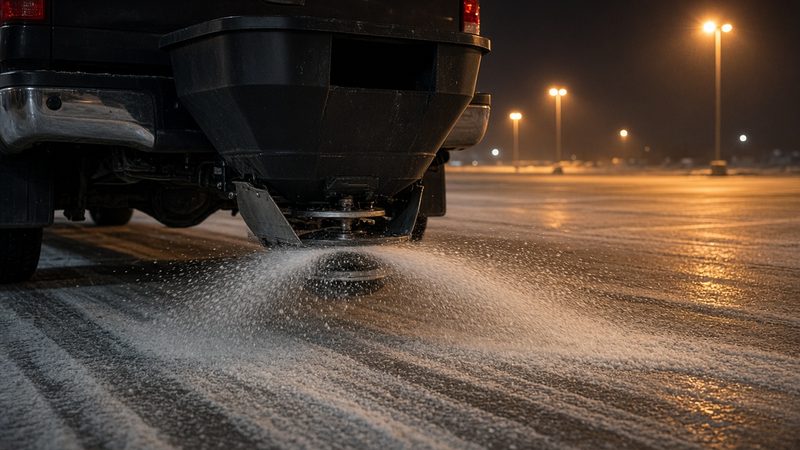 A black tailgate hopper on the back of a truck spreading salt across a parking lot at night, in Truckee, California
