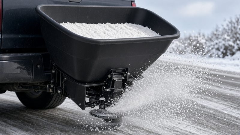 A black hopper full of salt on the back of a truck, with a spinner throwing salt onto a snowy road, in Truckee, California
