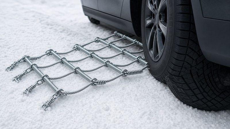 A ladder-style cable tire chain laid flat on snow beside the tire of a gray car, in Truckee, California