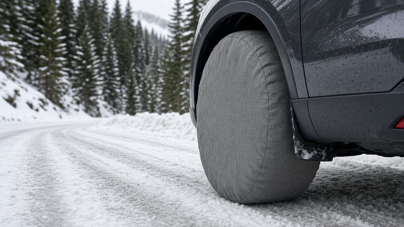 A plain gray fabric snow sock fitted over the tire of a dark SUV on a snowy road lined with pine trees, in Truckee, California
