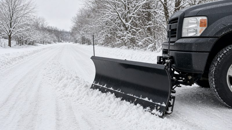 A black straight plow blade mounted on the front of a dark pickup on a snowy road, in Truckee, California