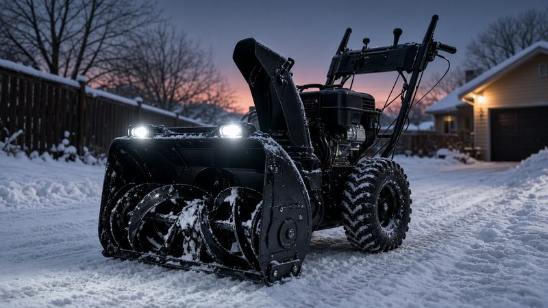 A black two-stage snow blower with its headlights on in a snowy driveway at dusk, in Truckee, California