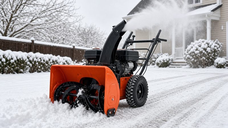 An orange two-stage snow blower throwing snow from its chute in a snowy front yard, in Truckee, California