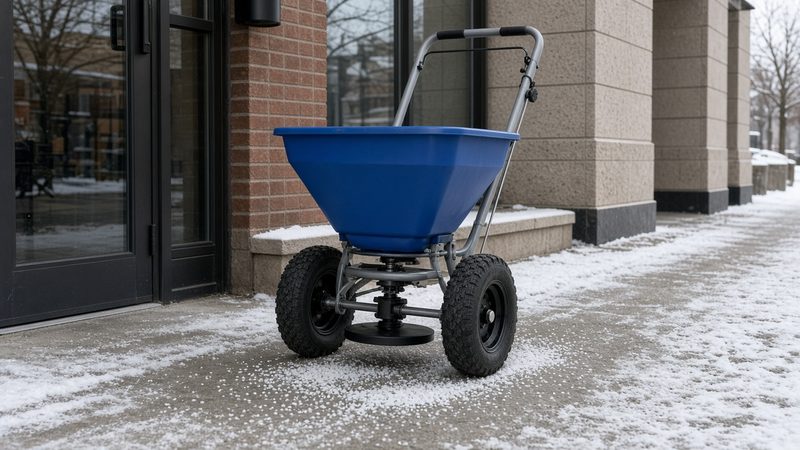 A blue walk-behind spreader with large tires on a salted storefront sidewalk, in Truckee, California