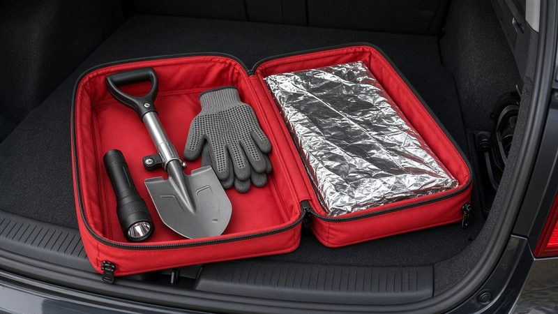 A red case open in a car's cargo area, holding a folding shovel, a flashlight, gray gloves and a folded foil blanket, in Truckee, California